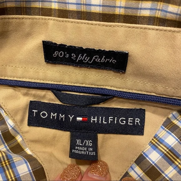 TOMMY HILFIGER BROWN BLUE WHIT PLAID DRESS BUTTON UP SHIRT - Picture 3 of 3